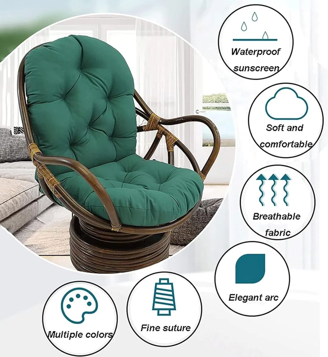 Cuscino singolo per dondolo da appendere, Cuscino per Sedia in Rattan in Vimini Appeso Girevole per Sedie Reclinabili E Poltrone(Light grey)