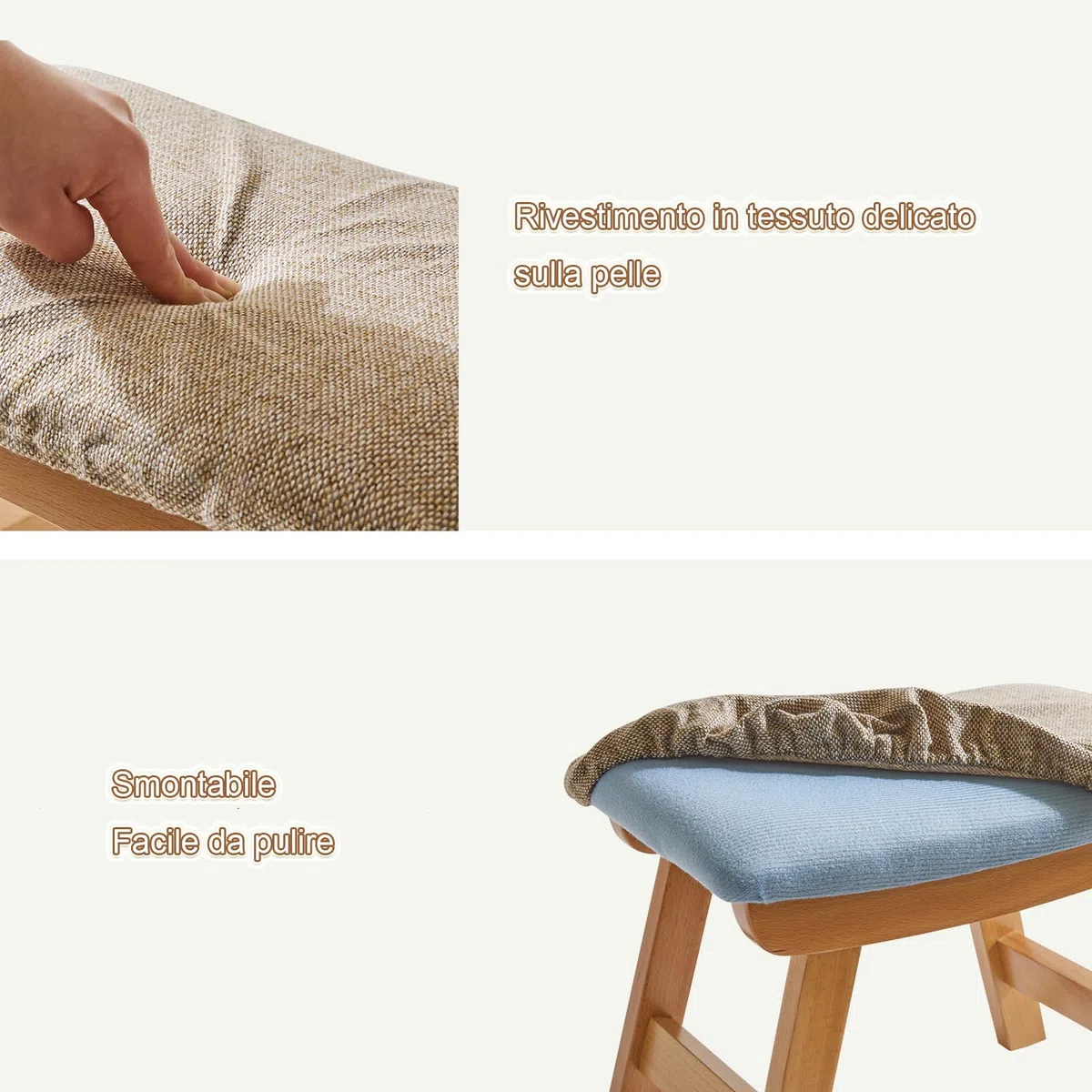 Aibiju Poggiapiedi in Legno, Pouf in Tessuto di Lino,Pouf Ottomano con Seduta Imbottita Gambe in Legno di Pino e Imbottite per camera da letto, soggiorno, (Gambe Naturali + Cuscino Beige), YDEU-1358