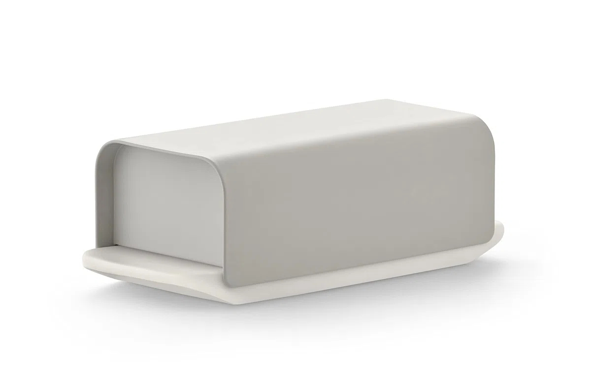 Alessi Mattina BG04 WG Burriera di Design, Realizzata in Porcellana con Coperchio in Acciaio Inossidabile 18/10, Colorata con Resina Epossidica, Warm Grey