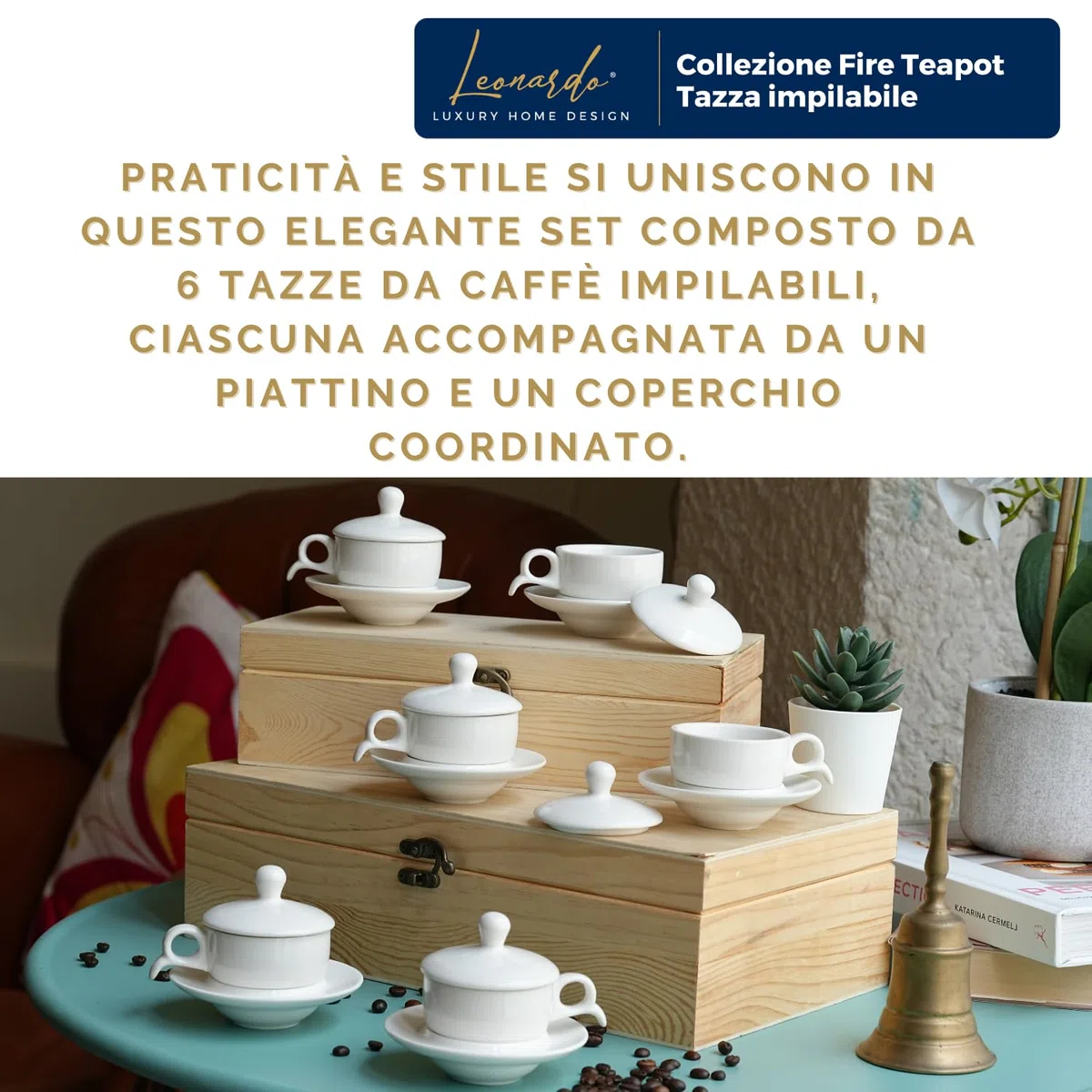 Set 6 Tazze da Caffè Impilabili con 6 Piattini 6 Coperchi Coordinati Porcellana Finitura Liscia e Raffinata Elegante Idea Regalo