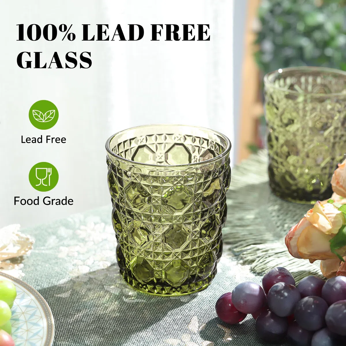 Joeyan 32cl Bicchieri da Acqua in Vetro Colorati, Set di 6 Verde Tumbler Basso con Gemme Rilievo, Design Moderno, Idea Regalo Per Matrimoni, Feste e Casa Nuova, Lavabile in Lavastoviglie
