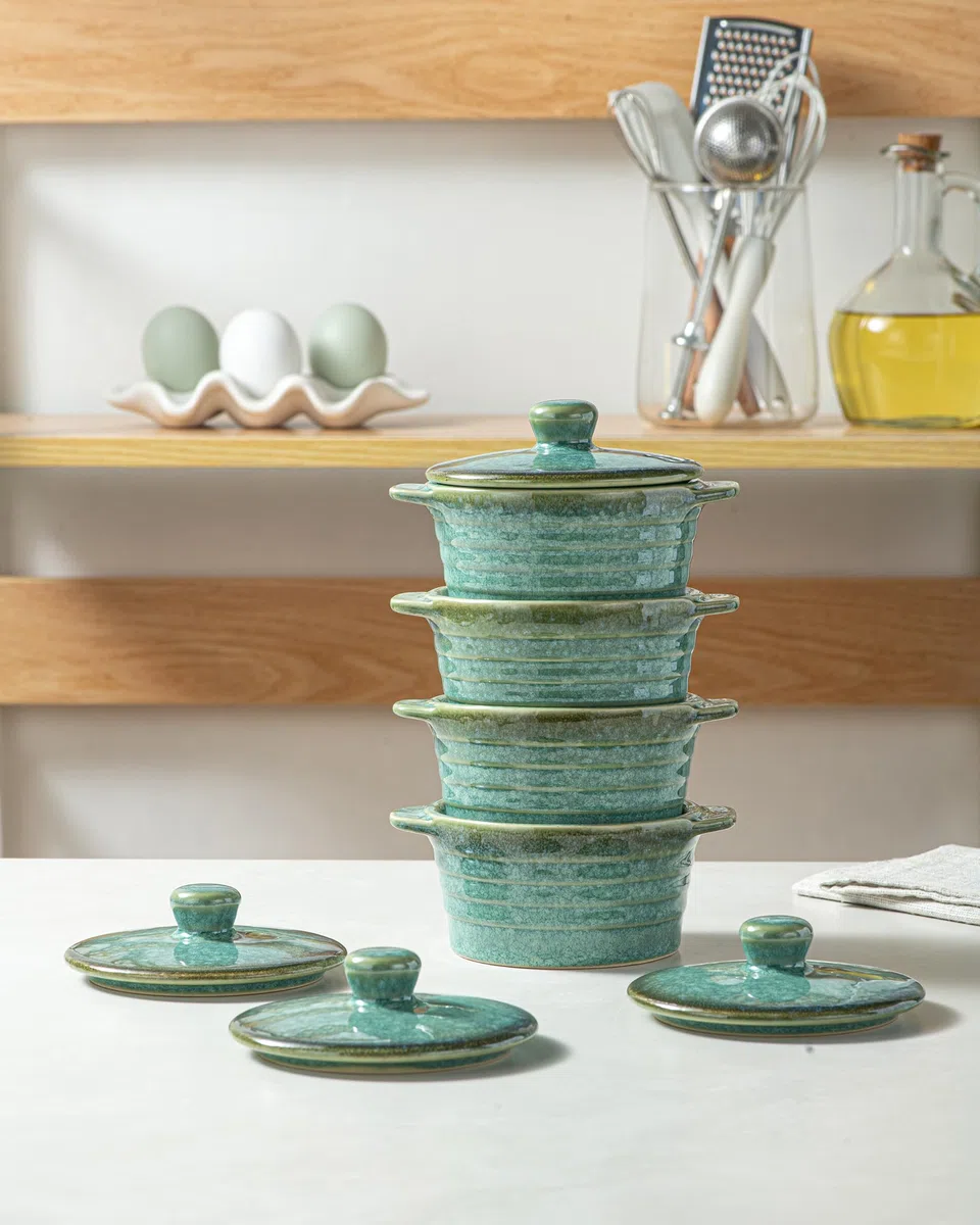 HENXFEN LEAD Mini Cocottes in gres porcellanato, 230 ml, pirottini per souffle con coperchio, set da 4 piccoli pirottini per casseruola, Verde Lucido