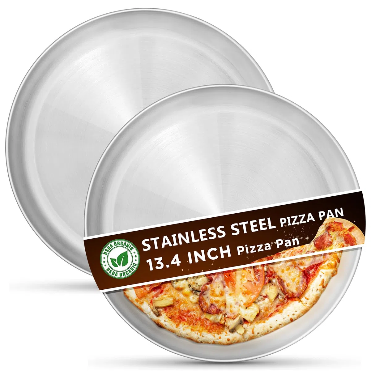 Kevenal Set di 2 teglie per pizza in acciaio inox da 34 cm, per forno, vassoio per pizza in acciaio, piatto rotondo per pizza (extra spesso)