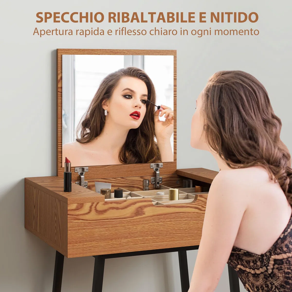 HOMCOM Toeletta Trucco Elegante con Specchio Ribaltabile e 16 Scomparti Nascosti, Tavolo da Trucco in Legno e Acciaio Moderno, Postazione Make Up per Camera da Letto, 60x40x90 cm, Colore Legno