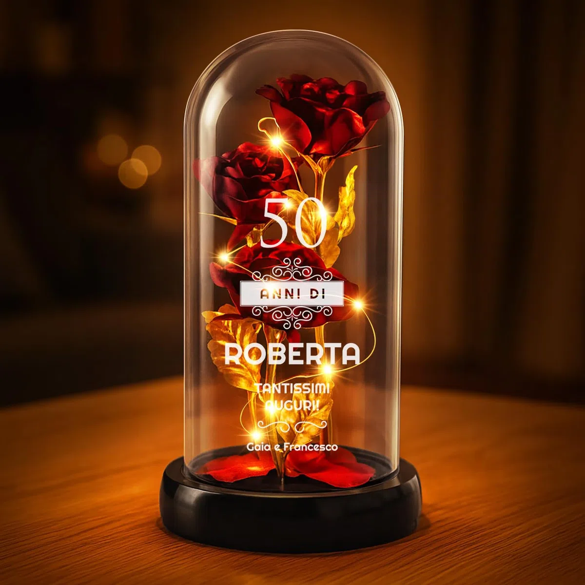 Maverton Rosa Stabilizzata con LED Personalizzata - Regalo Donna Compleanno Elegante - Rosa Eterna in Cupola di Vetro - Idee Regalo Donna - Dimensioni 21 cm x 11 cm