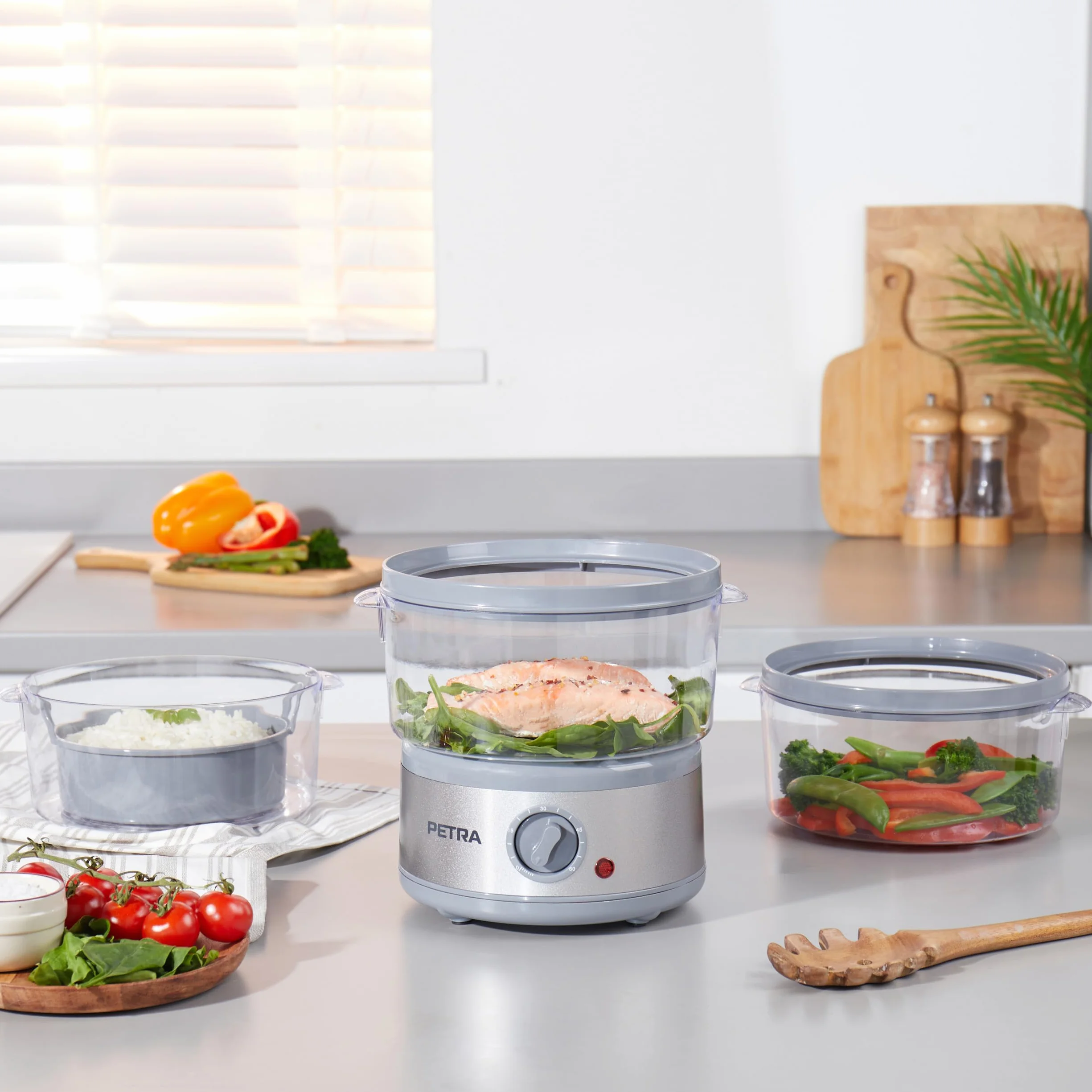 Petra PT2726ZV2HEVDE - Vaporiera elettrica a 3 livelli, 7,5 l, cestelli e contenitore per riso senza BPA, design compatto, timer da 60 minuti, 500 W, ciotole rimovibili, per carne e verdura