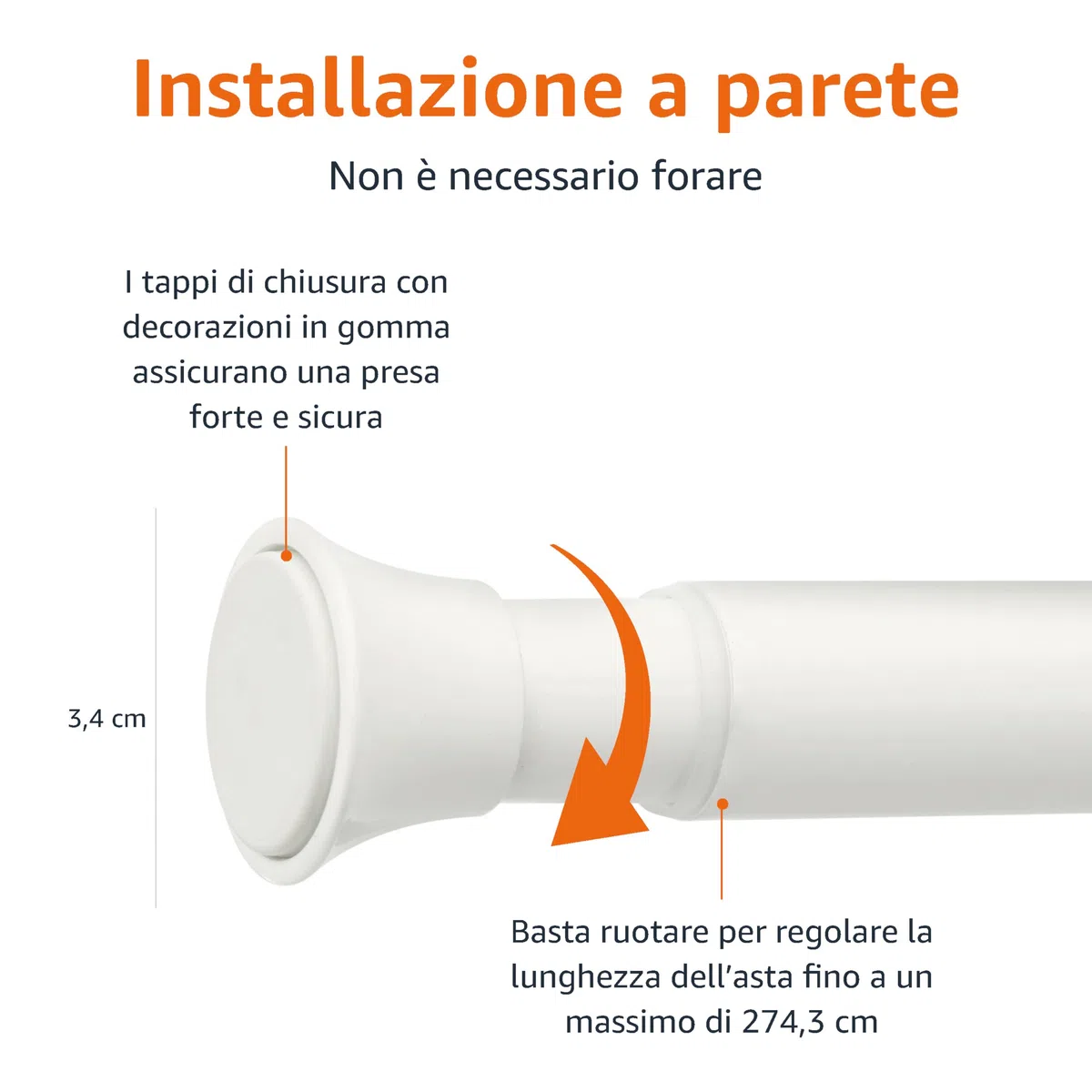 Amazon Basics - Bastone per tenda da doccia, da 198 a 274 cm, bianco
