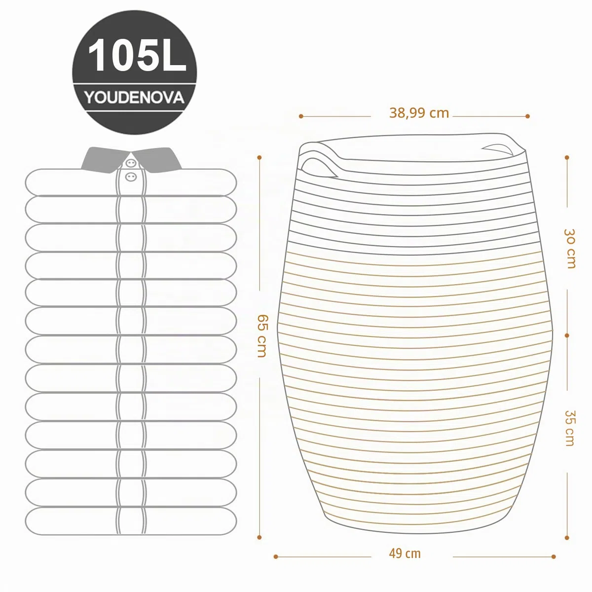 YOUDENOVA Cesto Portabiancheria Portaoggetti Intrecciato 105 L Stoccaggio Cestino Tessuto Pieghevole Grande Organizzatore di Corda di Cotone Biancheria da Bagno Lavanderia con Manico Marrone
