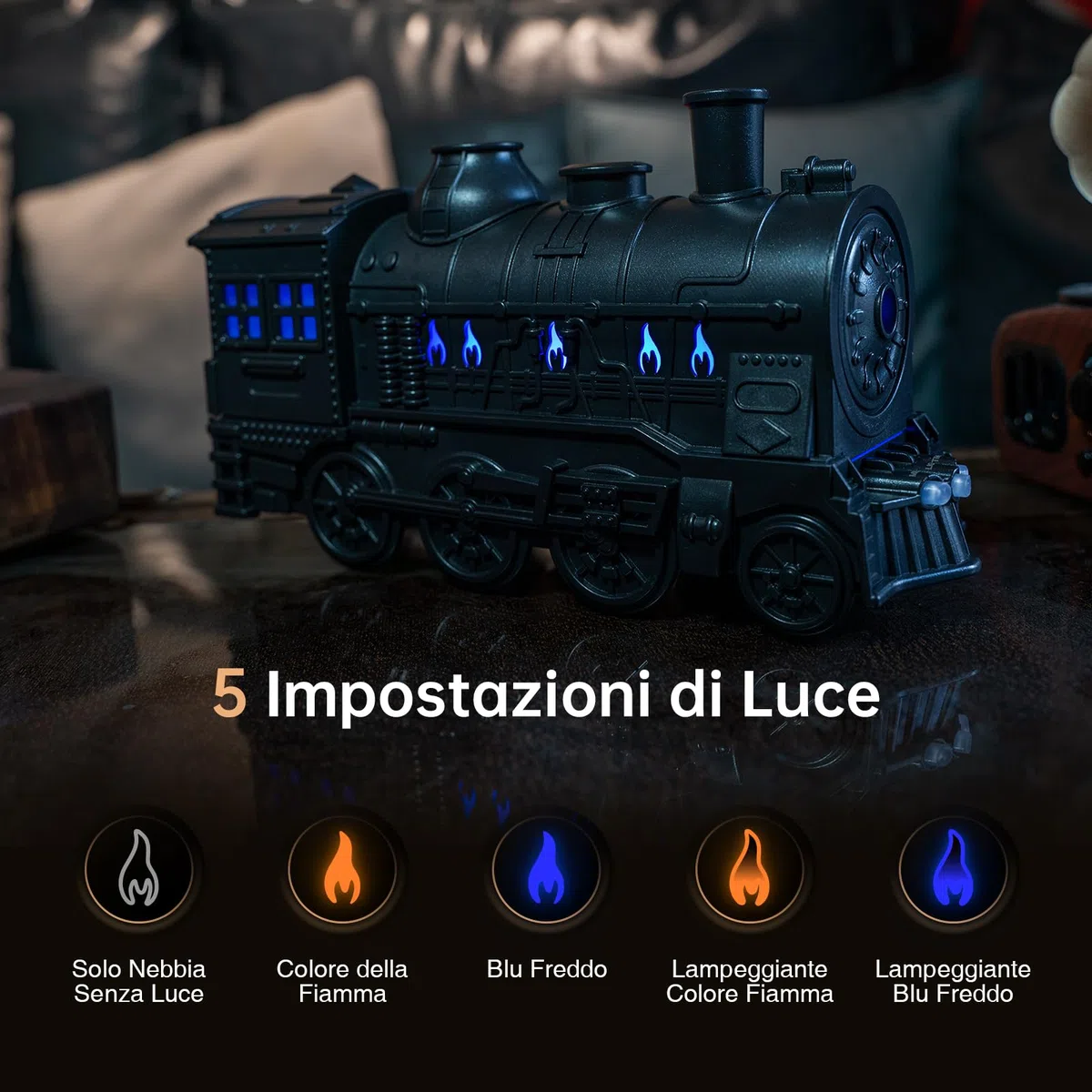 Jeebel Diffusore di Oli Essenziali 300 ml Fiamma Diffusore a Forma di Treno, Effetto Fiamma, Telecomando, Spina UE - Mini Umidificatore a Nebbia Fredda per Camera Letto e Ufficio Aromaterapia