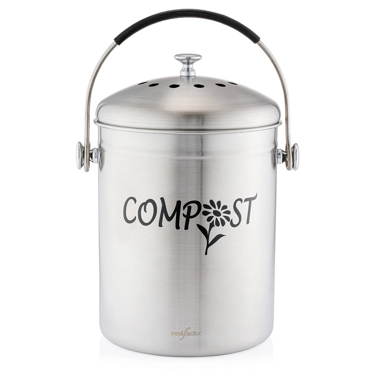 RED FACTOR Deluxe Compostiera da Cucina Inodore in Acciaio Inox - Filtri di Ricambio in Carbone Attivo Inclusi (5 Litri, Inox Satinato Designer)