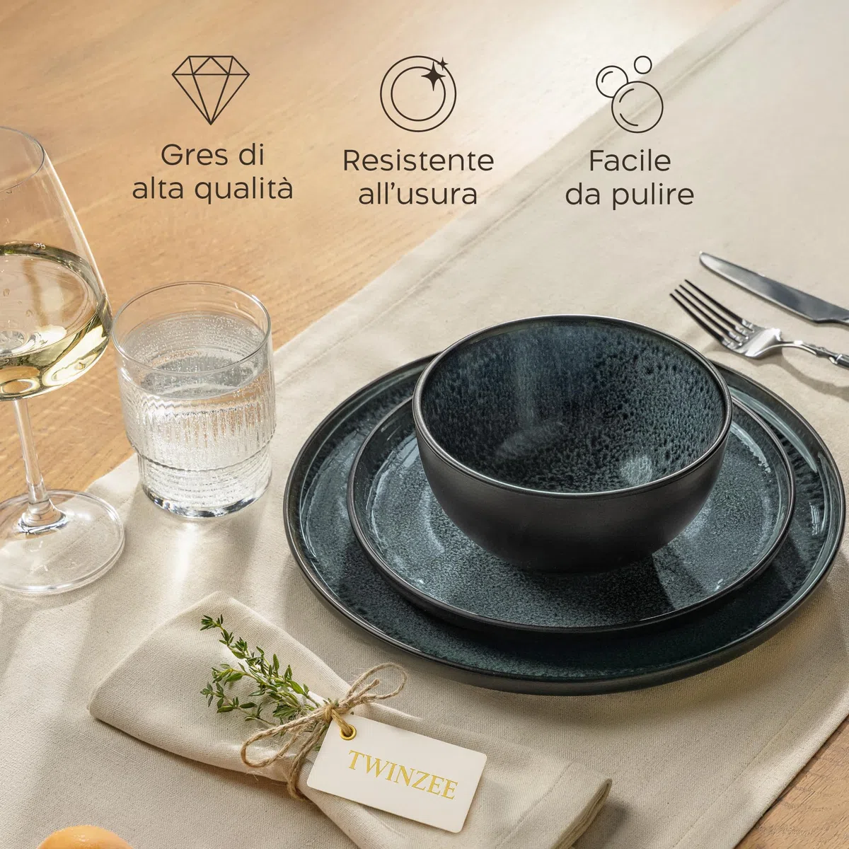 Twinzee Servizio Piatti Moderni 6 Piatti Grandi in Gres per 6 Persone - Compatibile con Microonde - Riviera Collection