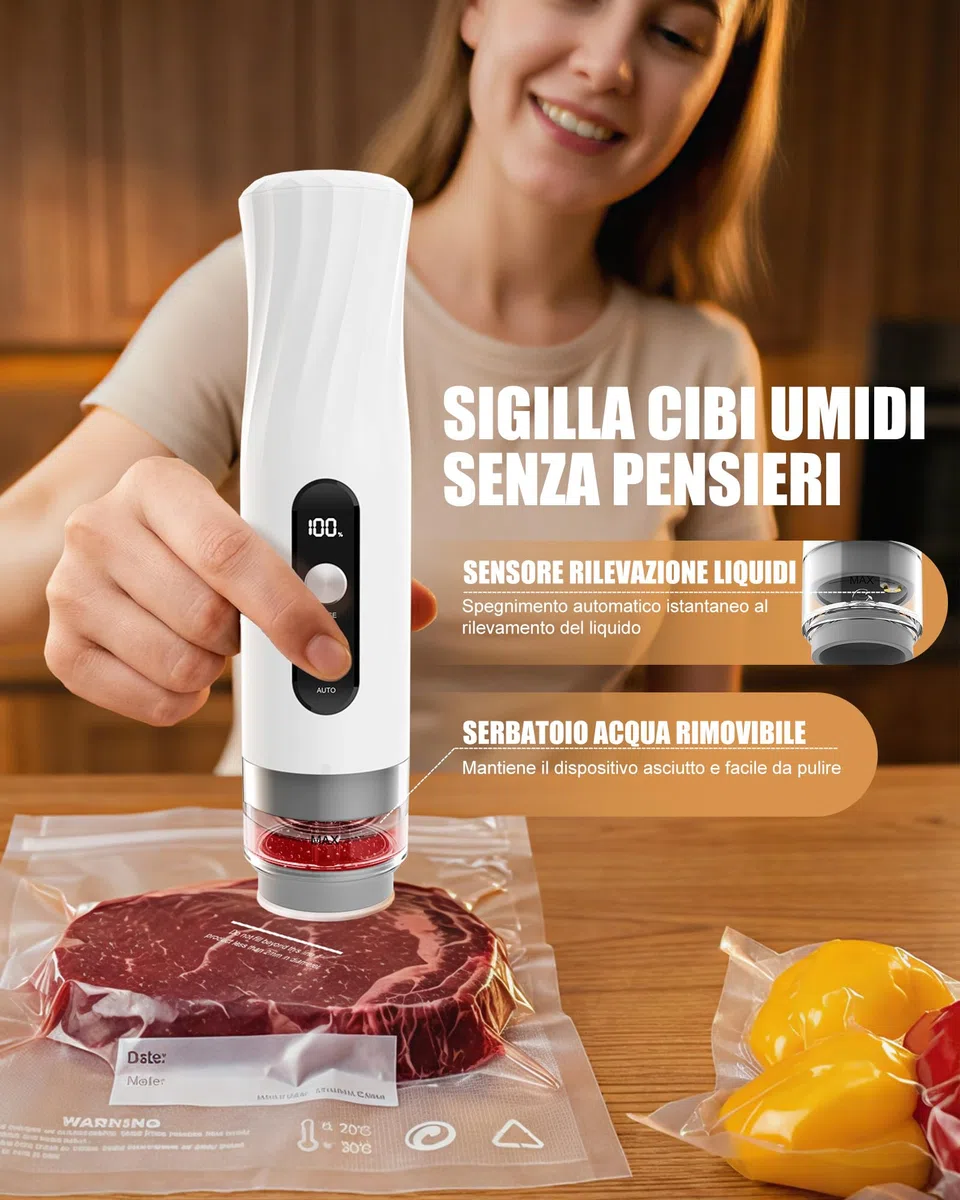 Babacom Macchina Sottovuoto Alimenti Portatile con Serbatoio Visibile, 60kPa Potente Vacuum Sealer, Sigillatura Auto e Modalità Impulso per Alimenti Delicati Sigilla Barattoli,20 Sacchi Riutilizzabili
