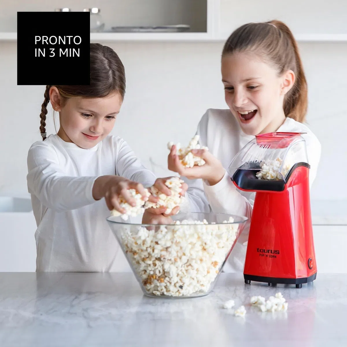 Taurus - macchina per popcorn + 1100 W | popcorn senza olio, aria calda | pronta in 3 minuti | coperchio dosatore trasparente | compatta e portatile | facile da pulire | rossa