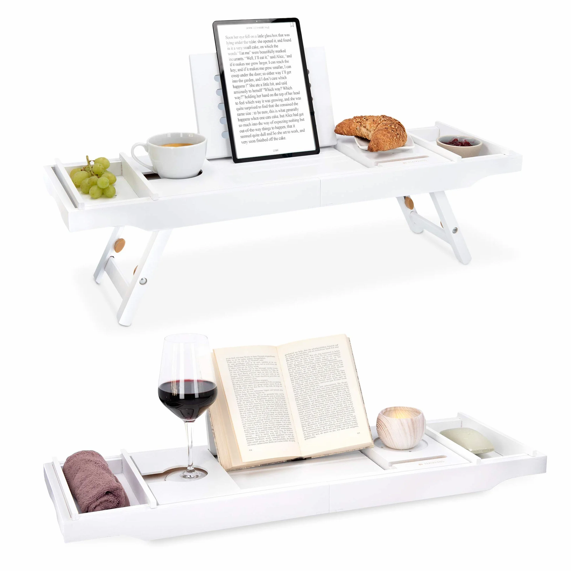 Navaris Vassoio Vasca Colazione Letto - Mensola Vasca da Bagno in bambù - Mensola Allungabile 75cm-108cm con Leggìo Integrato Vani Laterali - Bianco