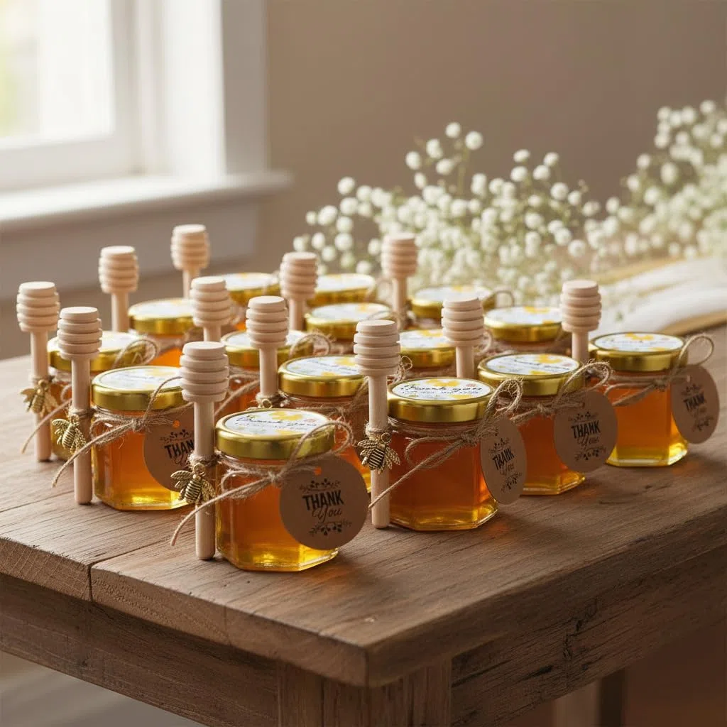 Vasetti Miele, Piccoli Barattoli Bomboniere Ber la Comunione, Contenitori per Miele Bomboniere, Barattolini Miele Sacchetti Organza per Natale Battesimo, 20 Pezzi 45ml