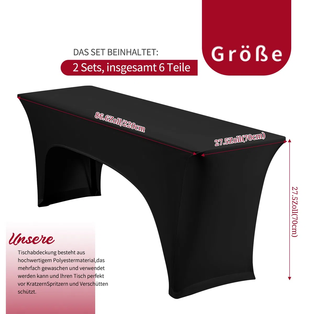 YMHPRIDE Confezione da 2 copritavolo elastico per tavolo da birra, colore nero, impermeabile, set da 70 cm di larghezza, set da birra, set da 220 x 70 x 70 cm, per rivestimenti da giardino e da