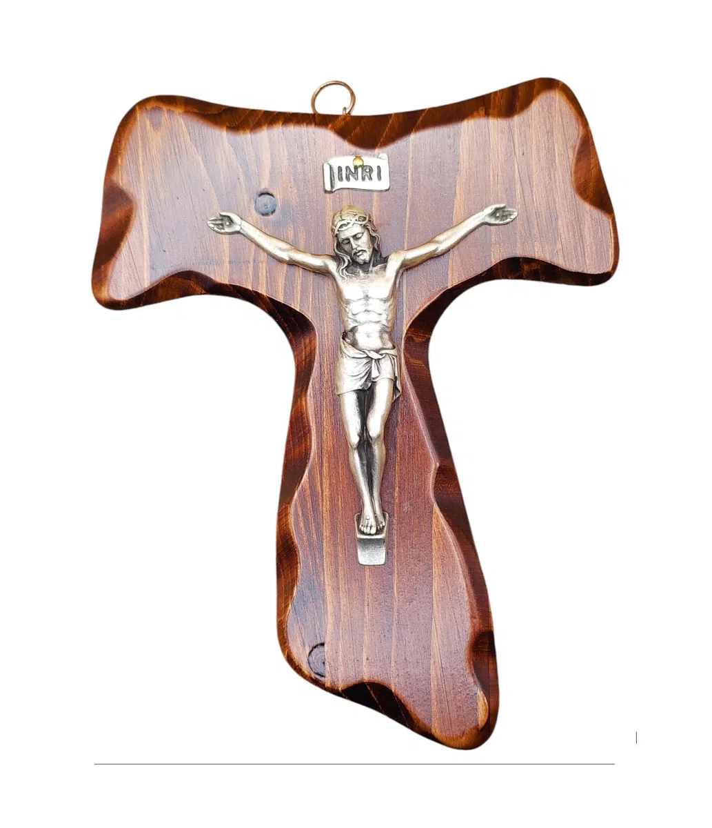 La Balestra Croce Tau da Parete - Artigianale Made in Italy Cristo e INRI Placcati Argento 999 - Crocifissi da Parete in Legno, Cura e Precisione dei dettagli di Gesù Crocifisso - 18x14cm