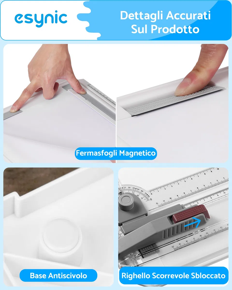 eSynic Tavolo da disegno A4 37 x 30 cm Multifunzionale con Sistema di Misurazione Regolabile Angolo Set Tavolo da Disegno Scrittoio con Goniometro Localizzatore Carta Righello Scorrevole