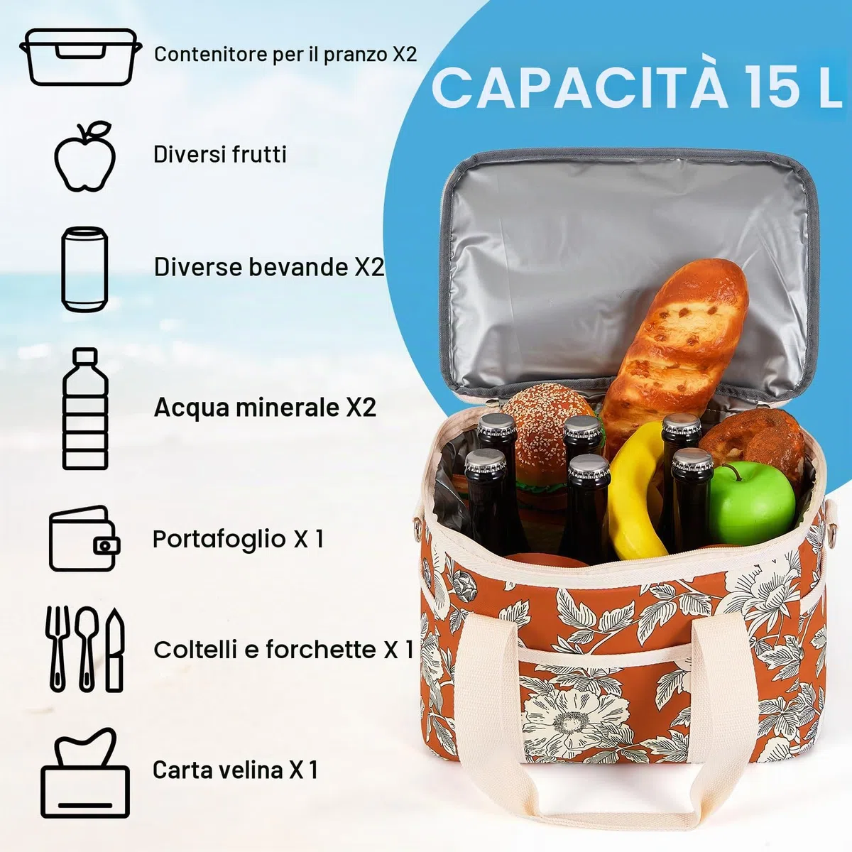 Nanxson Borsa Termica Porta Pranzo 9L/15L/29L Borsa Frigo Pranzo Floreale Lunch Box con Tracolla Regolabile per Campeggio Lavoro Scuola Viaggio (15L,A-Arancione Fiore)