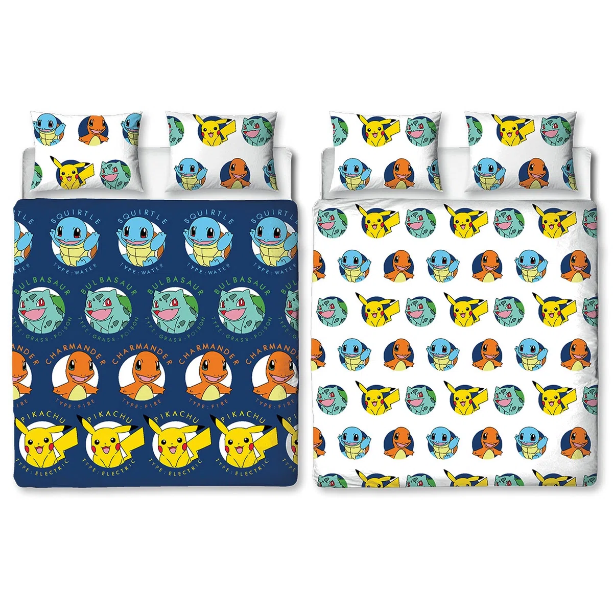 Character World Set copripiumino matrimoniale ufficiale Pokemon Gotta Design | blu reversibile Pikachu Squirtle Charmander 2 lati biancheria da letto prodotto ufficiale con federe coordinate