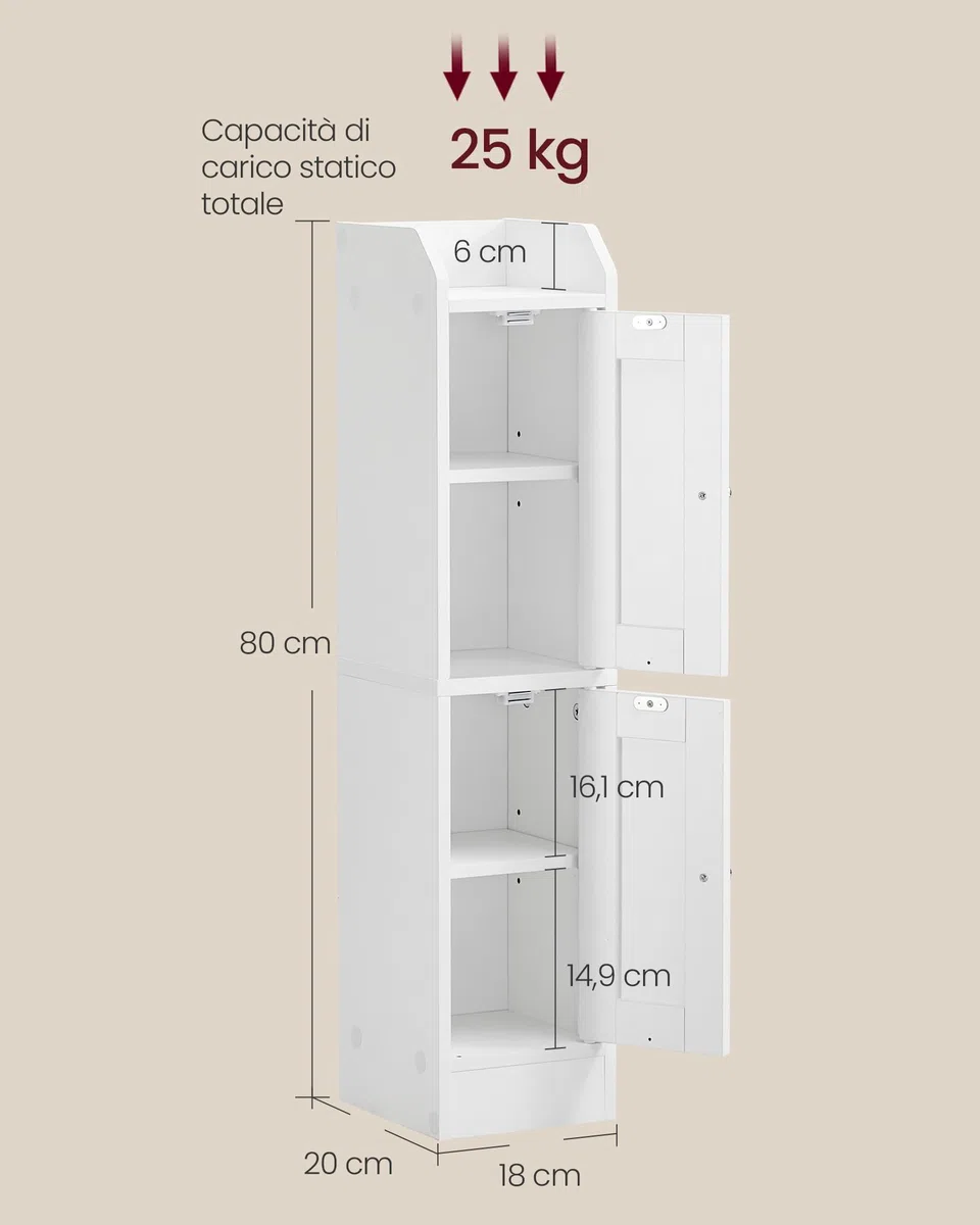 VASAGLE SIREN Collezione – Mobile da Bagno Stretto, Mobiletto da Pavimento Angolare, Porta Carta Igienica, Ripiani Regolabili, Ante da Aprire a Sinistra o a Destra, Bianco Nuvola BBK312WB02
