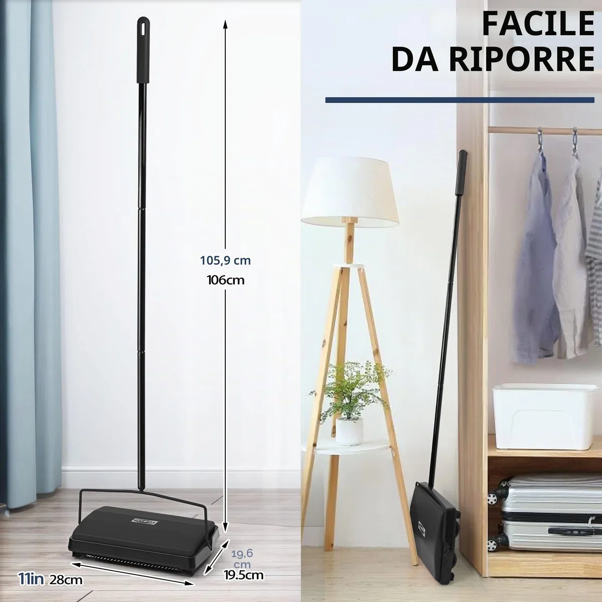 JEHONN Spazzola per Tappeti, Balai Meccanico Manuale con Crine di Cavallo, Senza Elettricità,Pulisci Tappeto e Moquette (Nero)