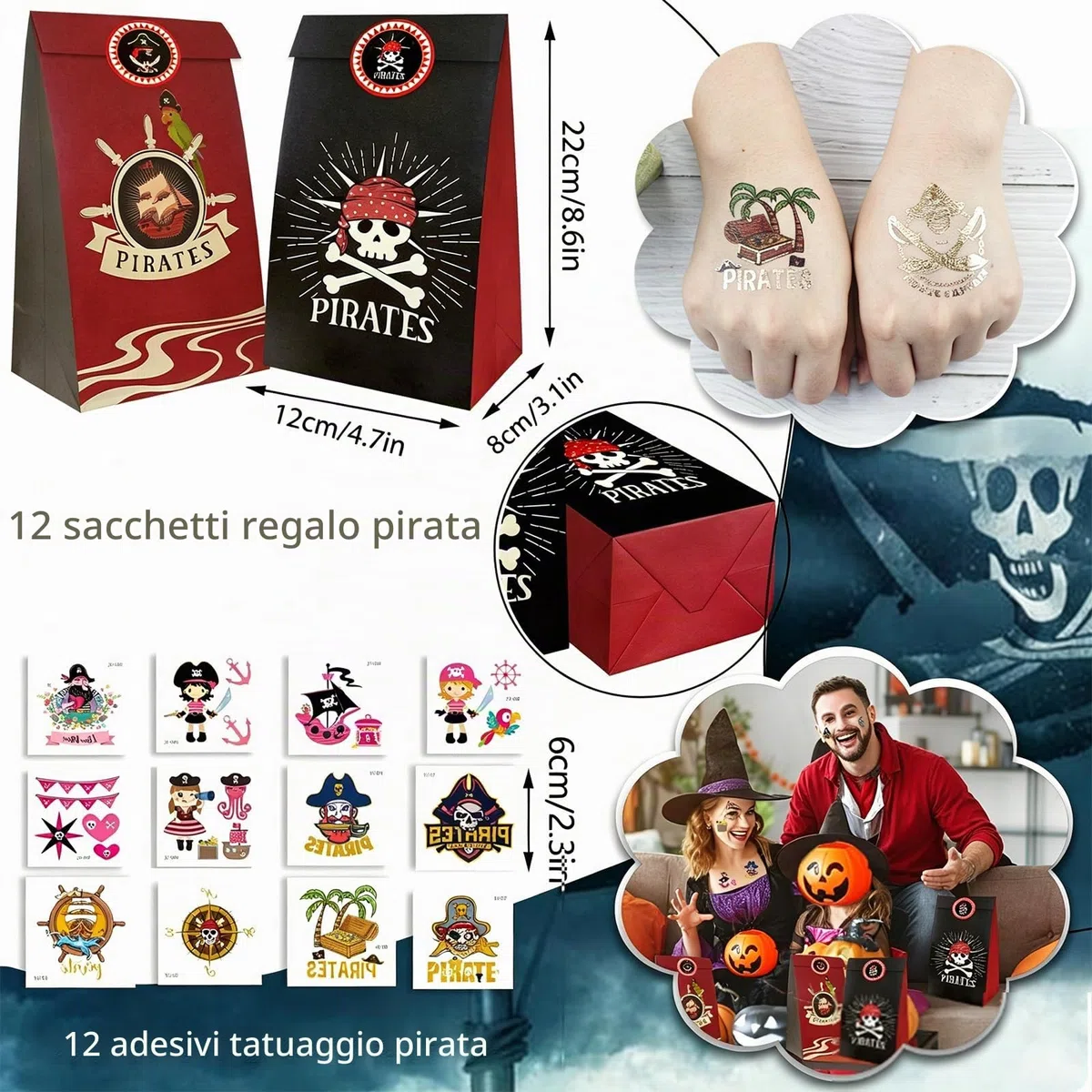 Accessori per Feste a Tema Pirata, 96 Pezzi Compleanno Bambini, Regalini Festa, Cappello Pirata