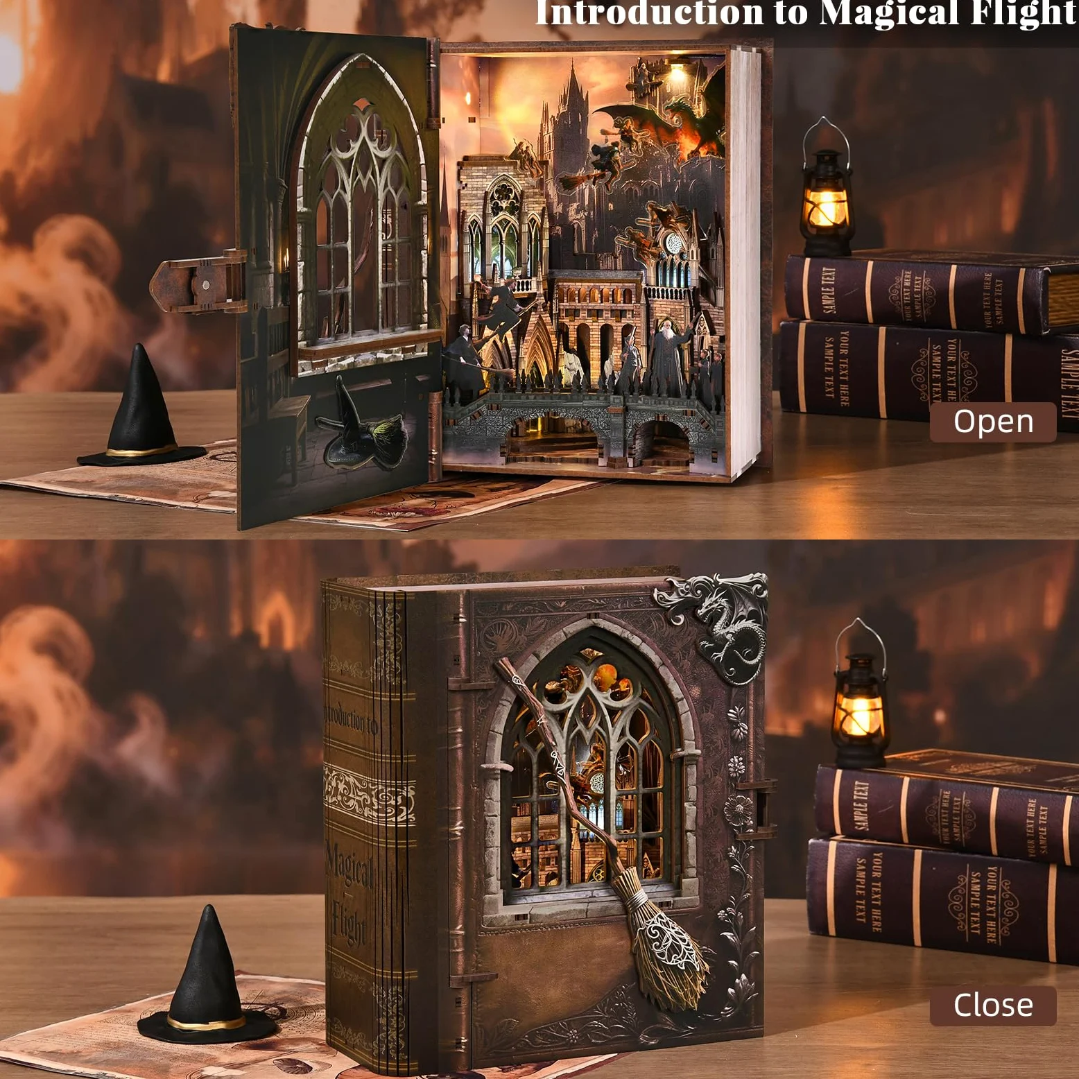 MiniCity Book Nook Kit – Puzzle in legno in miniatura con luci a LED 3D, fermalibri per libreria, decorazione regali creativi (introduzione a magical Flight)