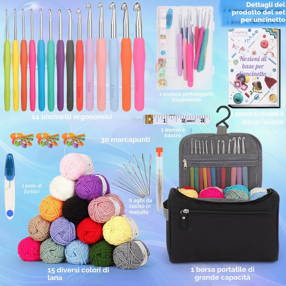 Coopay Set di 73 pezzi per principianti di uncinetto, set di uncinetti portatile con 15 lana, borsa, accessori per uncinetto, uncinetti ergonomici da 2,0-10 mm con manico lungo e morbido, pratico set