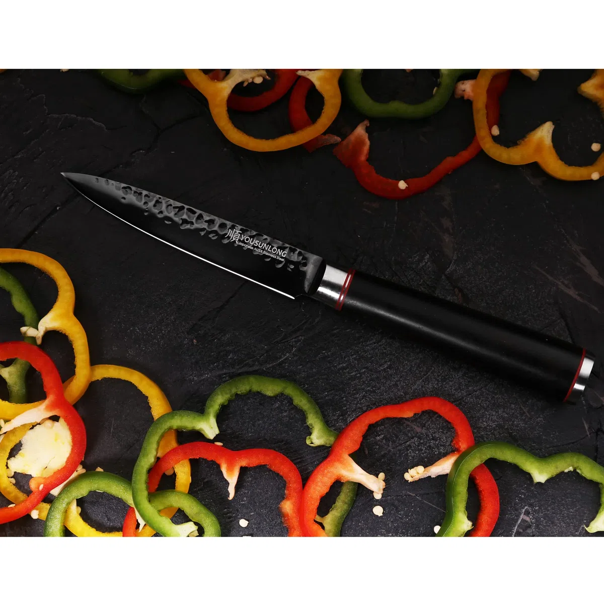 YOUSUNLONG Coltello Multiuso da Cucina Coltello Multiuso da 5 Pollici - Acciaio Giapponese AUS8 martellato - Acciaio HRC - Manico in Legno di Piombo