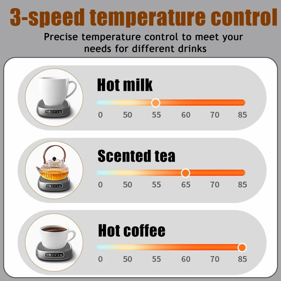 Scaldatazze con 3 Impostazioni Temperatura, Riscaldatore Tazze Display Intelligente, Scaldino Bevande Rapido Ampia Compatibilità, per Caffè Tè e Latte Ufficio Casa