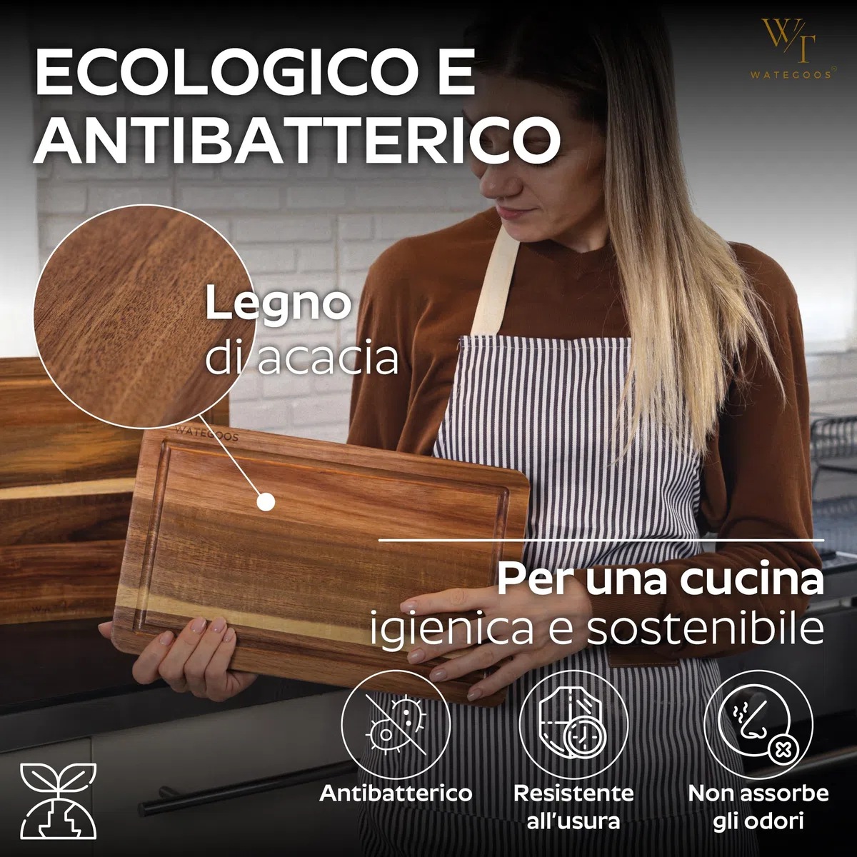 Set Taglieri da Cucina in Legno di Acacia - 2 Taglieri con Supporto - Tagliere in legno Grande e Piccolo, Resistente ed Ecologico