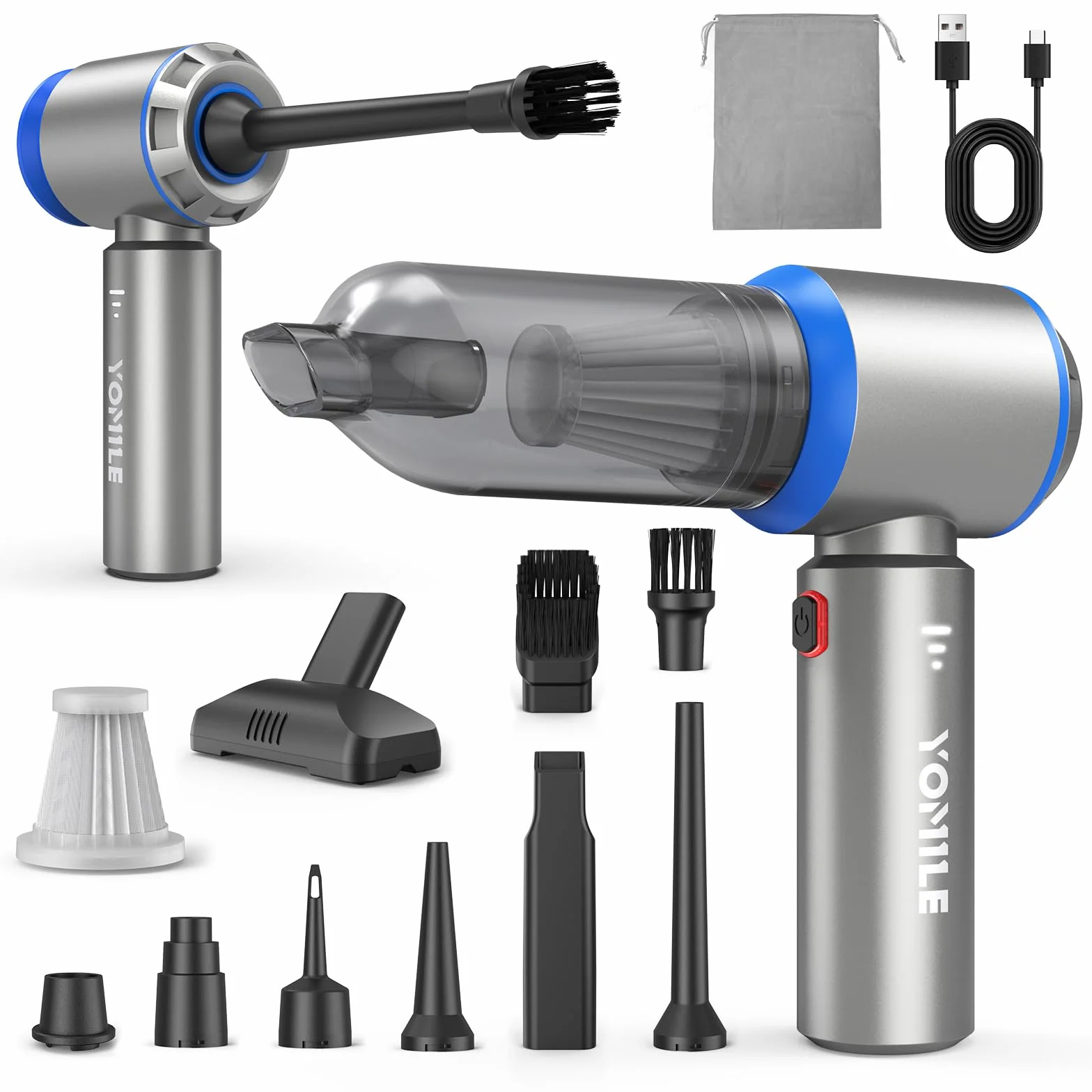 Yomile Aspirabriciole Senza Fili 4 in 1, Aspirapolvere Auto 25000PA Aspirapolvere Senza Fili Potente con Motore Brushless, Mini aspirapolvere Soffiatore Aspiratore per Casa, Ufficio, Cucina