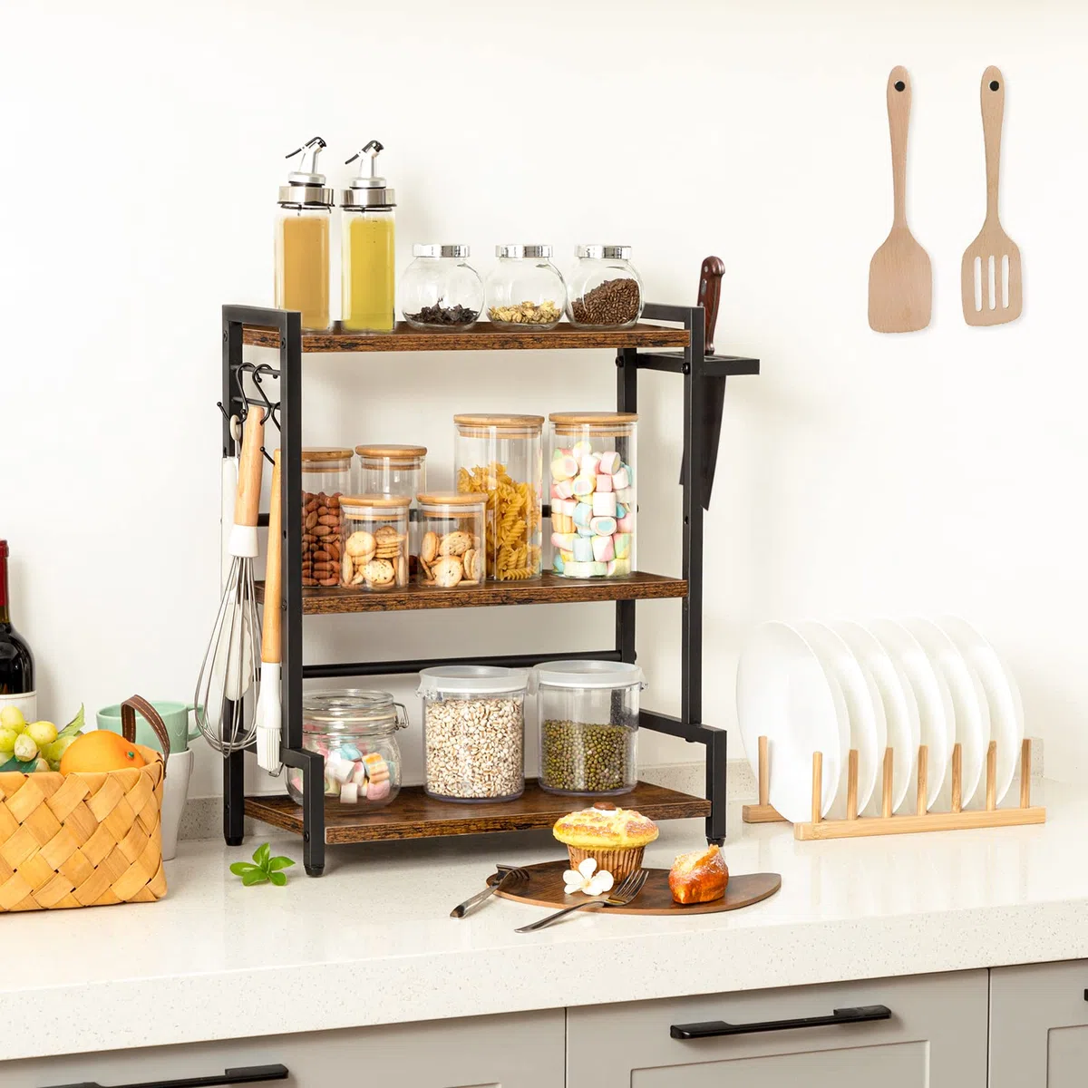 HOOBRO Scaffale Portaspezie, Organizer da Cucina con 3 Ganci, Scaffale per Condimenti 3 Ripiani, con Porta Coltello, Piedini Regolabili, Stile Industriale, per Sala da Pranzo, Cucina EBF01TL01