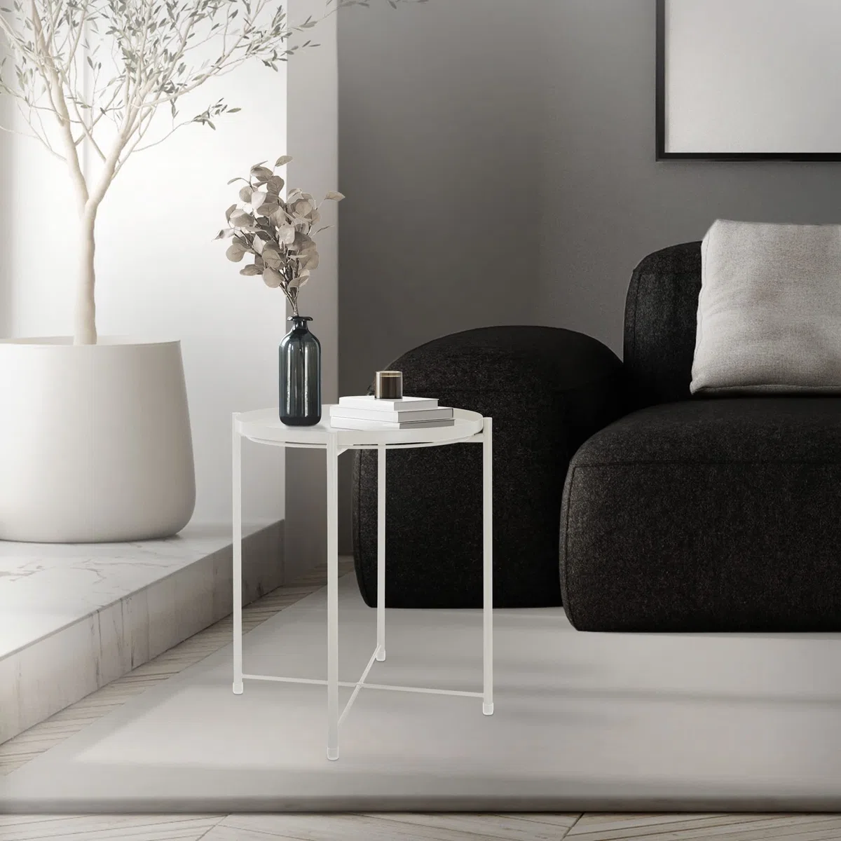 ML-Design Tavolino da Caffè Rotondo per Salotto Ø45 x H52 cm in Metallo Verniciato a Polvere Bianco con Piano Rimovibile Tavolo Soggiorno Laterale per Divano Robusto Stabile per Bevande Snack