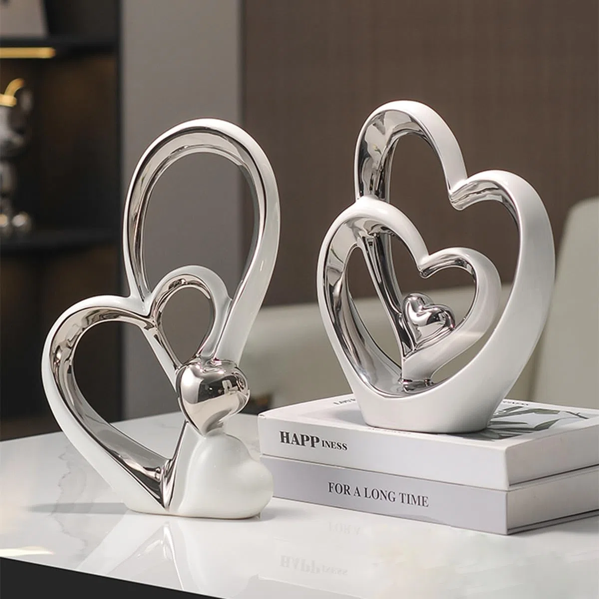 Statua in ceramica a doppio cuore,Elegante cuore per la decorazione,scultura decorativa per la casa,soggiorno,decorazione dell'ufficio,adatta come regalo.