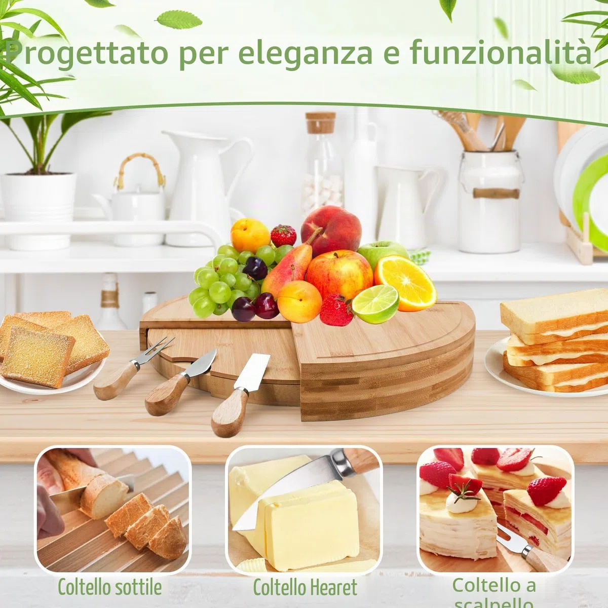 Tagliere Rotante per Formaggi e Set di Coltelli, Tagliere in Bambù per Aperitivo, Piatto da Portata per Stuzzichini