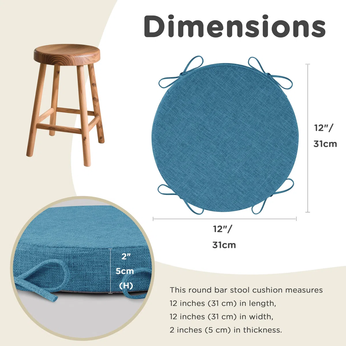 AddGrace Cuscini Rotondi per Sgabello da Bar con Laccetti Set di 2 Cuscini per Sedile Antiscivolo 30x30 cm Coprisedili Lavabili Copertura Rimovibile Lavabile Blu
