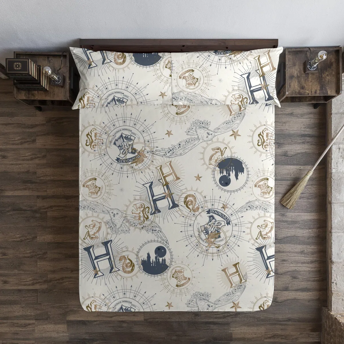 BELUM | Lenzuolo Harry Potter Misura Prodotto: 180 x 200 cm +35 cm Soffietto - Tessuto: 100% cotone 175 fili - Modello: Hpotter Gold Beig