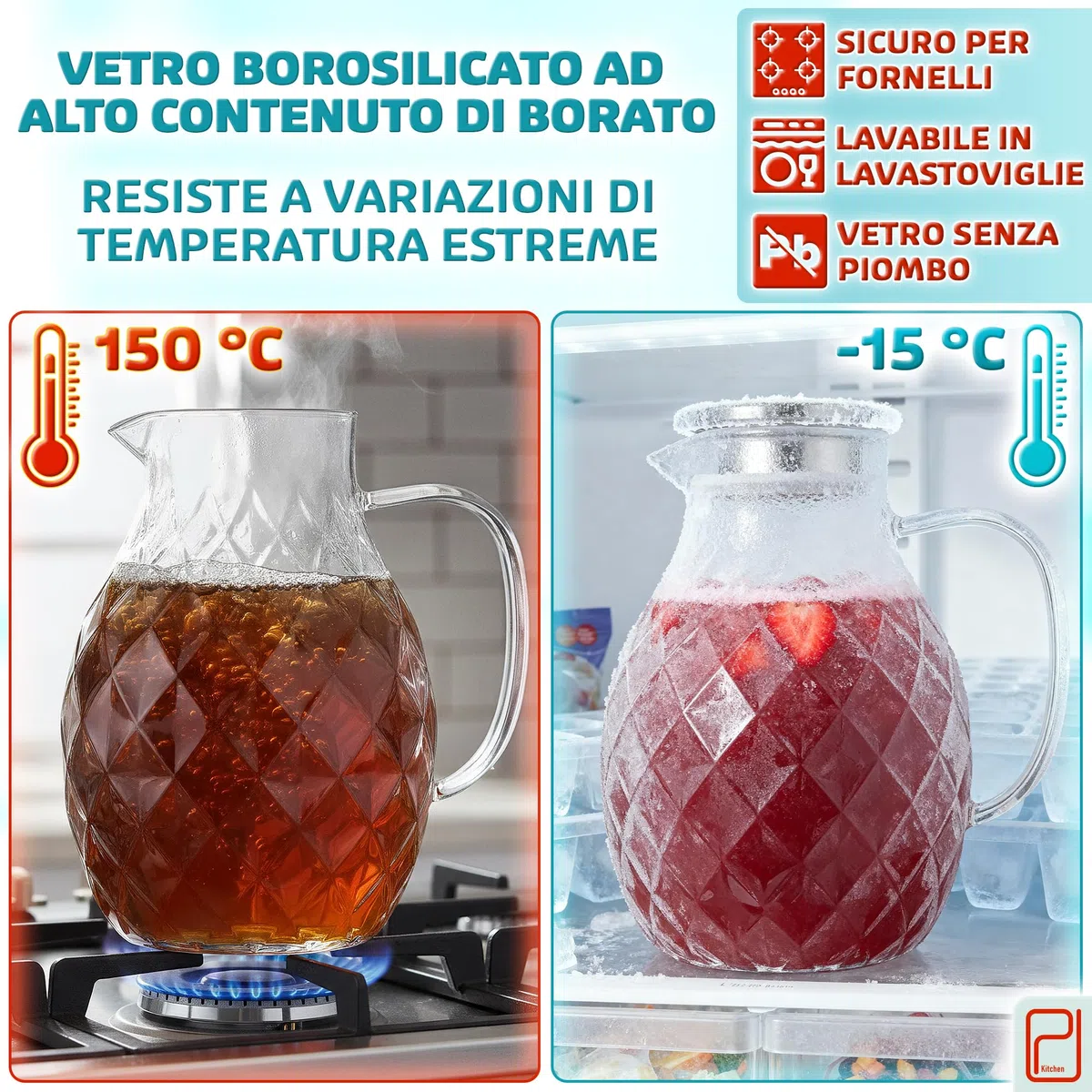 Brocca in vetro borosilicato di alta qualità con coperchio e beccuccio - 2litri, vetro borosilicato con manico - Caraffa per bevande calde/fredde - Brocca per l'acqua - Brocca per tè freddo
