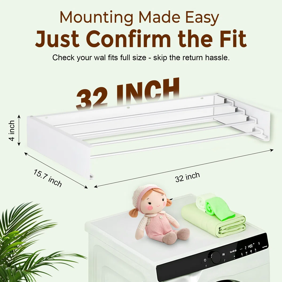 32” Wall Mounted Hanging Drying Rack Laundry for Kitchen Bathroom Use - Foldable Indoor Outdoor Drying Line with 4 Steel Poles - Collapsible Laundry Organizer Clothes Rack for Outdoor Balconies