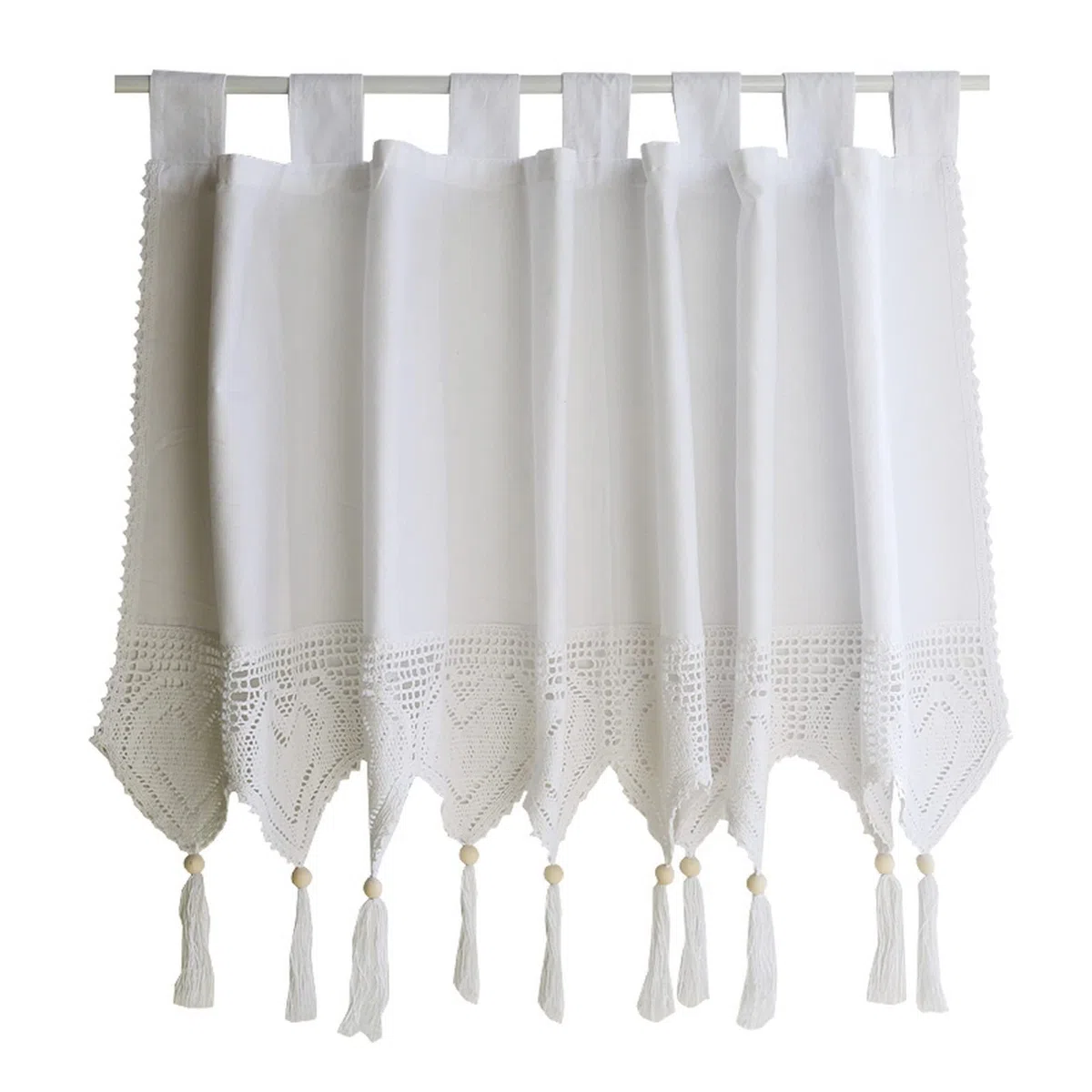 A.Monamour Tenda Corta per Finestra Piccola Con Nappe All'Uncinetto a Forma Di Cuore - Cotone Bianco Semitrasparente per Cucina, Bistrot, Caffè - Mezza Mantovana a Vetro