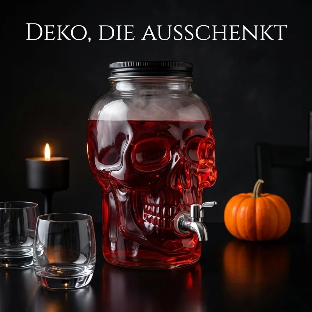MIJOMA Dispenser per bevande a forma di teschio, 4 l, in vetro con rubinetto per Halloween, feste, bar, decorazione per bowle, cocktail, succo di acqua