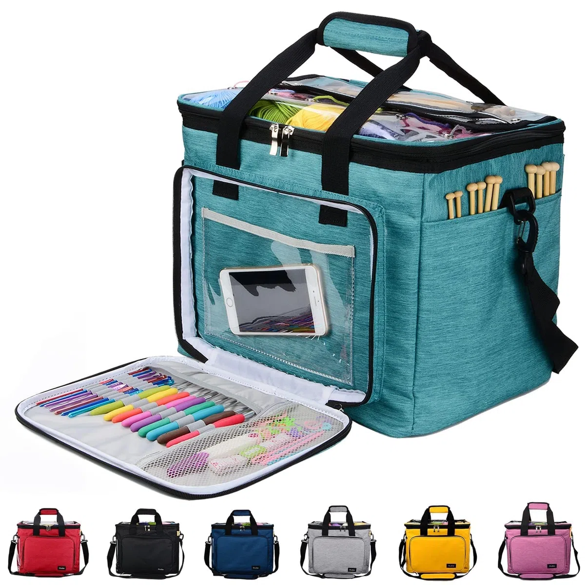 Hoshin Borsa Porta Lavoro a Maglia,Honshin Borsa Porta Gomitoli Uncinetto Portatile per Trasportare Progetti, Ferri da Maglia, Uncinetti, Gomitoli di Filato(Verde)