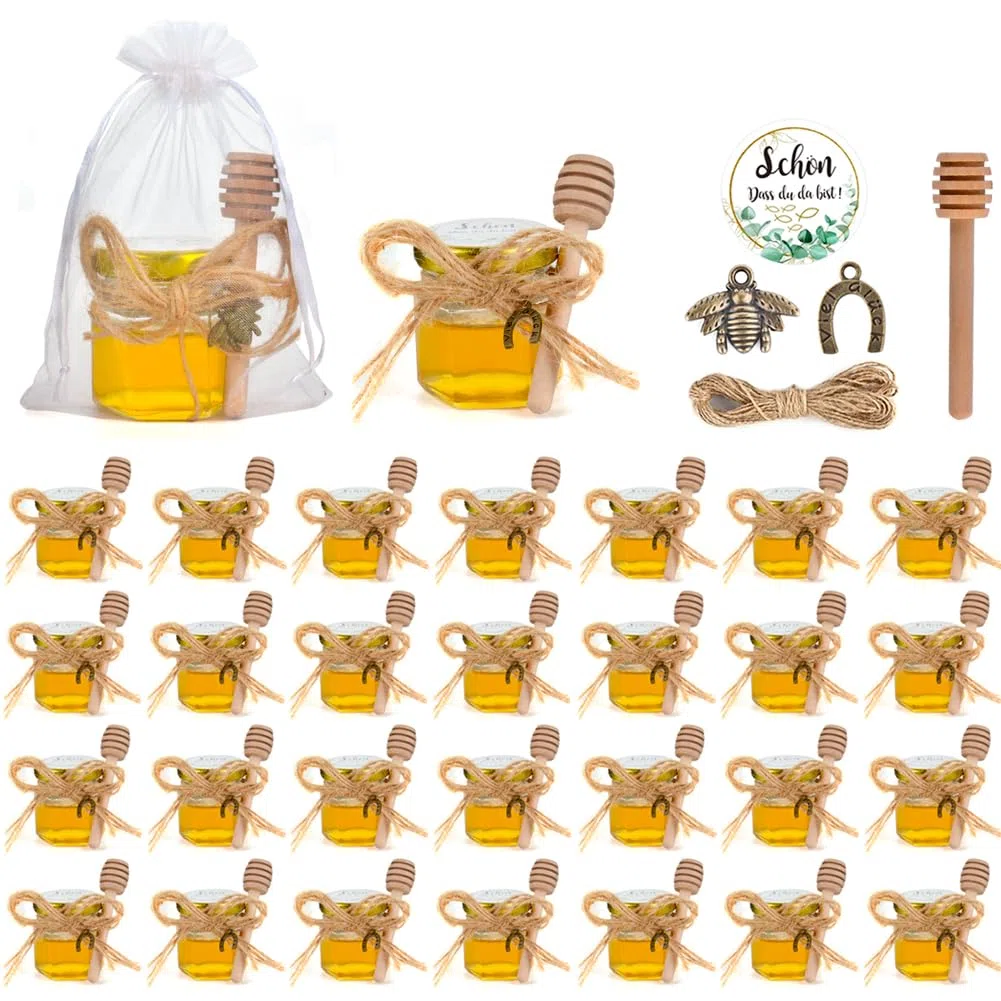 30 Pezzi Mini Vasetti Set Miele,45ml Vasetti Vetro Piccoli,Contenitore Miele Barattolini Vetro Piccoli con Tappo,Con Dippers, Miondoli di Api, per Bomboniere Battesimo, Matrimoni e Feste