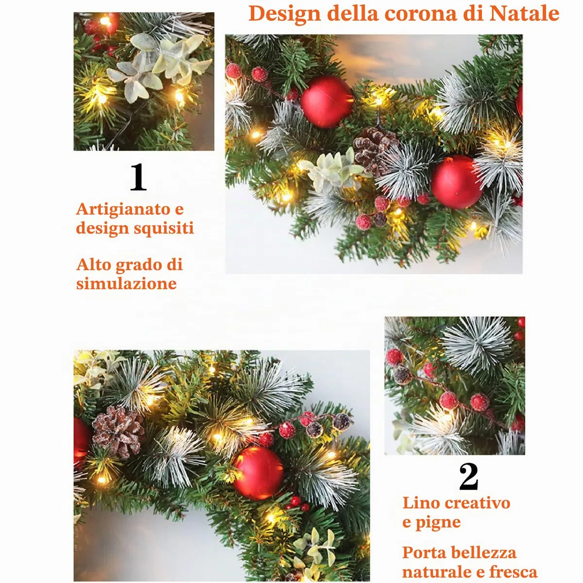 Ghirlanda natalizia da 40 cm, decorazioni per porta d'ingresso, con luci a LED e gancio, ghirlande artificiali per finestra, camino, decorazione natalizia da parete, per interni ed esterni,