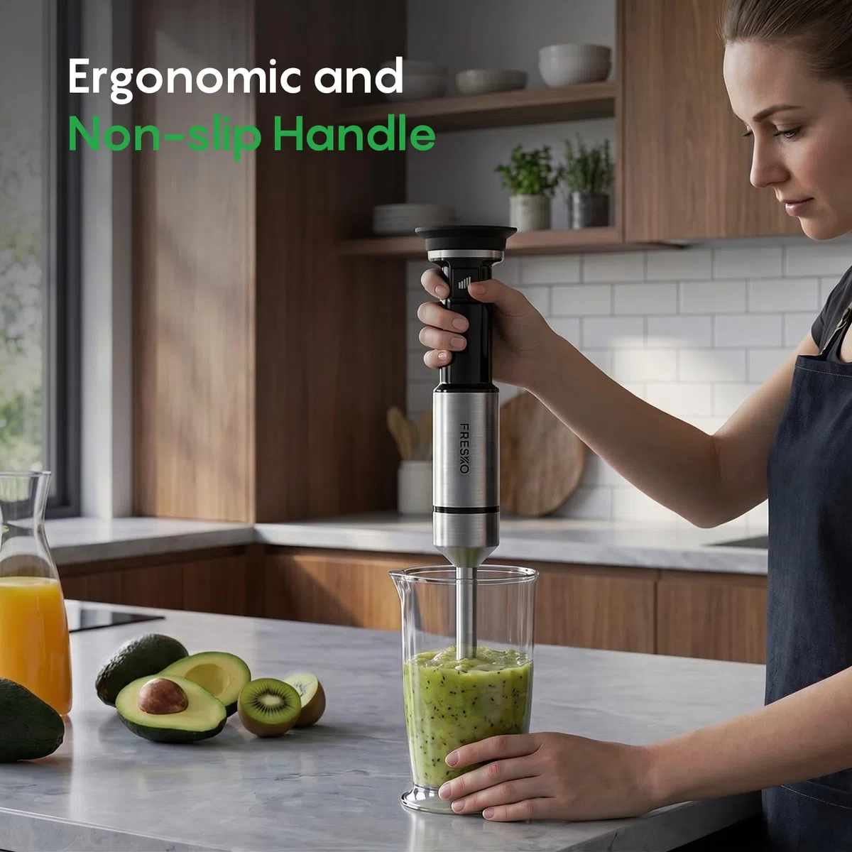 FRESKO Frullatore a immersione 1000W, Frullatore ad immersione professionale con regolazione continua della velocità, 4 lame in acciaio inox, Antischizzo, per zuppe, frullati e alimenti per bebè