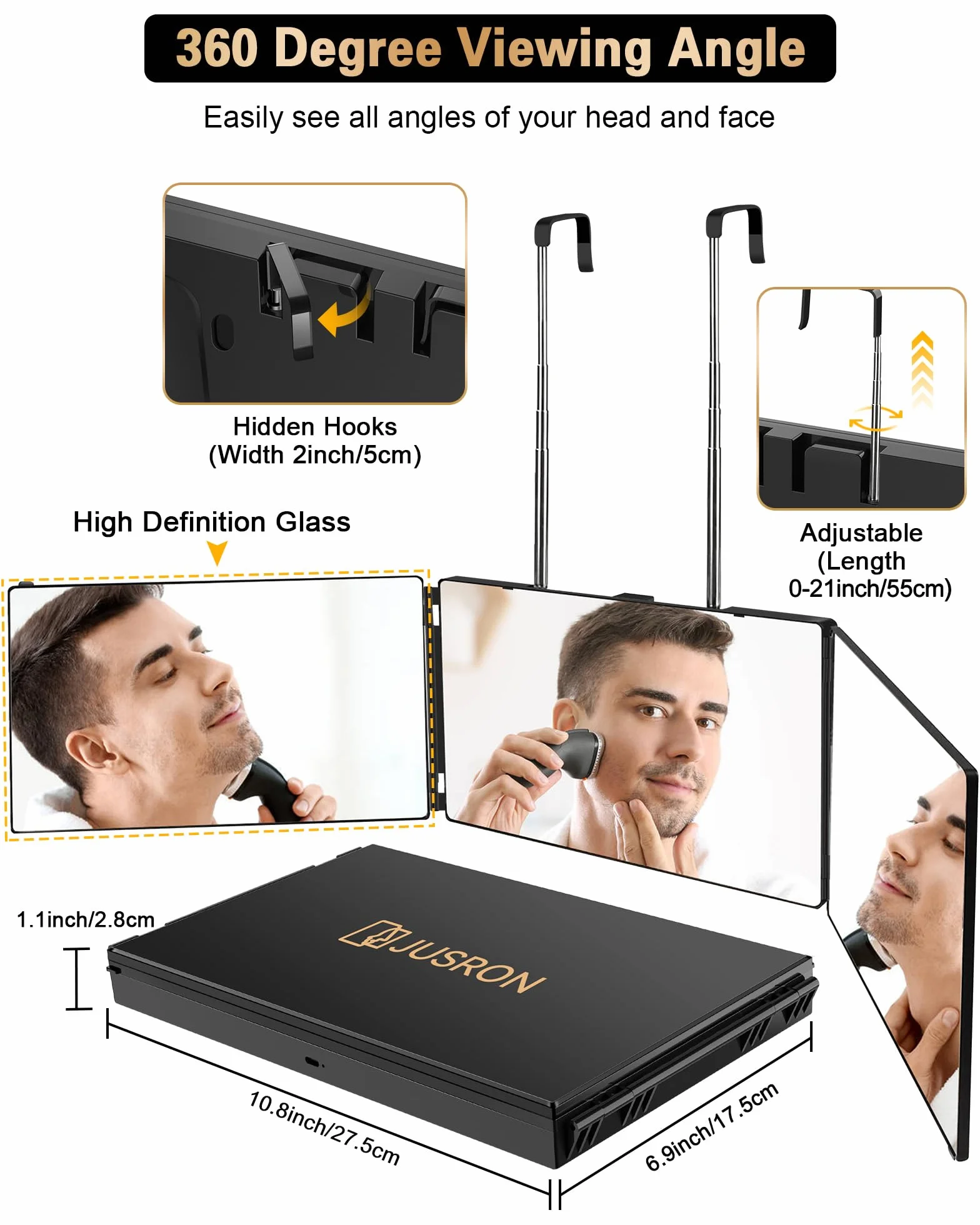JUSRON Specchio Trucco a 3 Vie, Portatile Specchio a 360 Gradi Capelli, Specchio Makeup a 3 facce Regolabile in Altezza con Gancio Telescopico, Regalo Compleanno Ideale per Donne/Uomini(senza LED)