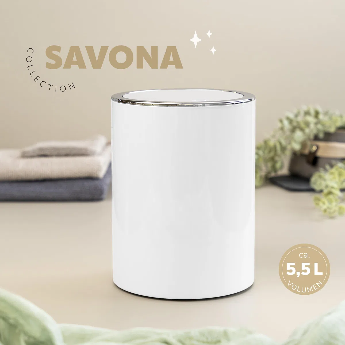bremermann pattumiera rotonda per cosmetici SAVONA con coperchio basculante e cuscinetti in EVA contro i graffi, incluso supporto a parete per incollaggio o foratura, capacit? 5,5 litri (bianco)