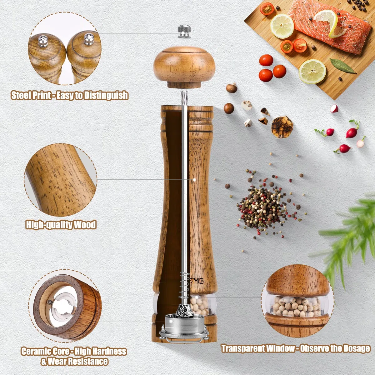 Set Macina Sale e Pepe in Legno, 2pcs Macinapepe Regolabile, Manuale Macina Pepe Con Sottovaso e Finestre Trasparenti, 2 Pennello per la Pulizia (21cm)